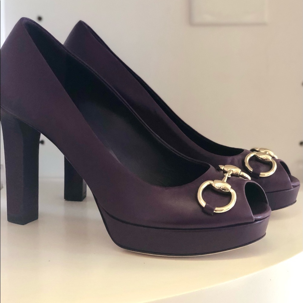 Purple Gucci Horsebit Leather Peep Toe Pumps